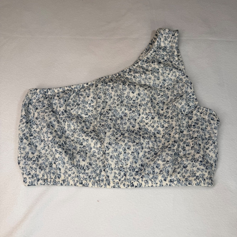 American Eagle Women One Shoulder Crop Top S Blue Floral Smocked 035-2351-5023